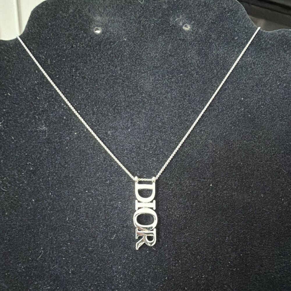 NWT Vintage Christian Dior Silver Tone Vertical DIOR Logo Pendant Necklace Box